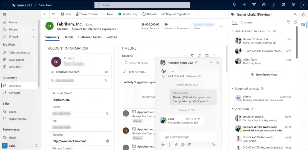 Microsoft Teams embedded chat in Dynamics 365 on screen