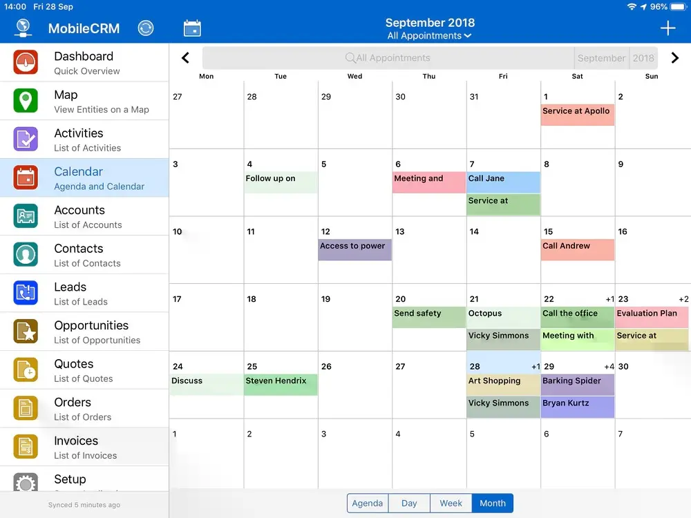 Example of a calendar in Resco Mobile CRM