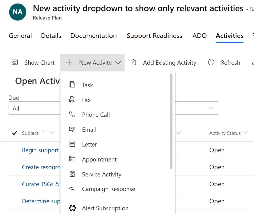 New activity dropdown in Dynamics 365